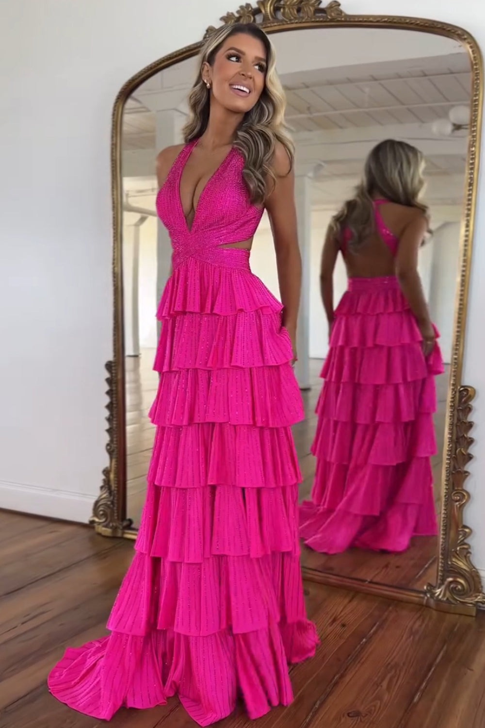 Yellow Halter A - Line Sparkly Ruffle Tiered Long Prom Dress with Slit, PD25805