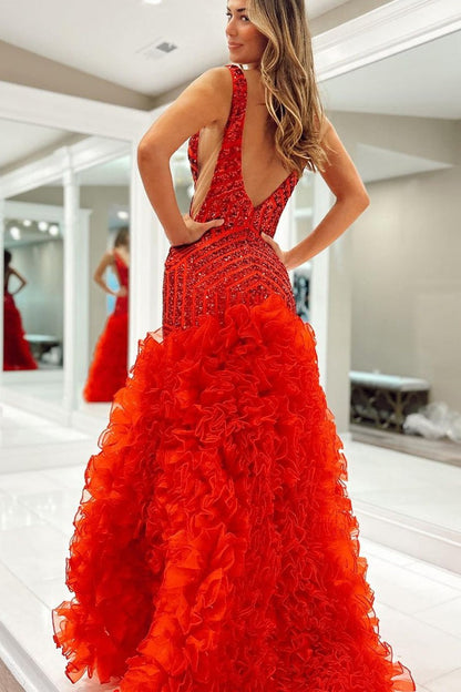 Red Mermaid V Neck Sequins Ruffle Long Prom Dresses