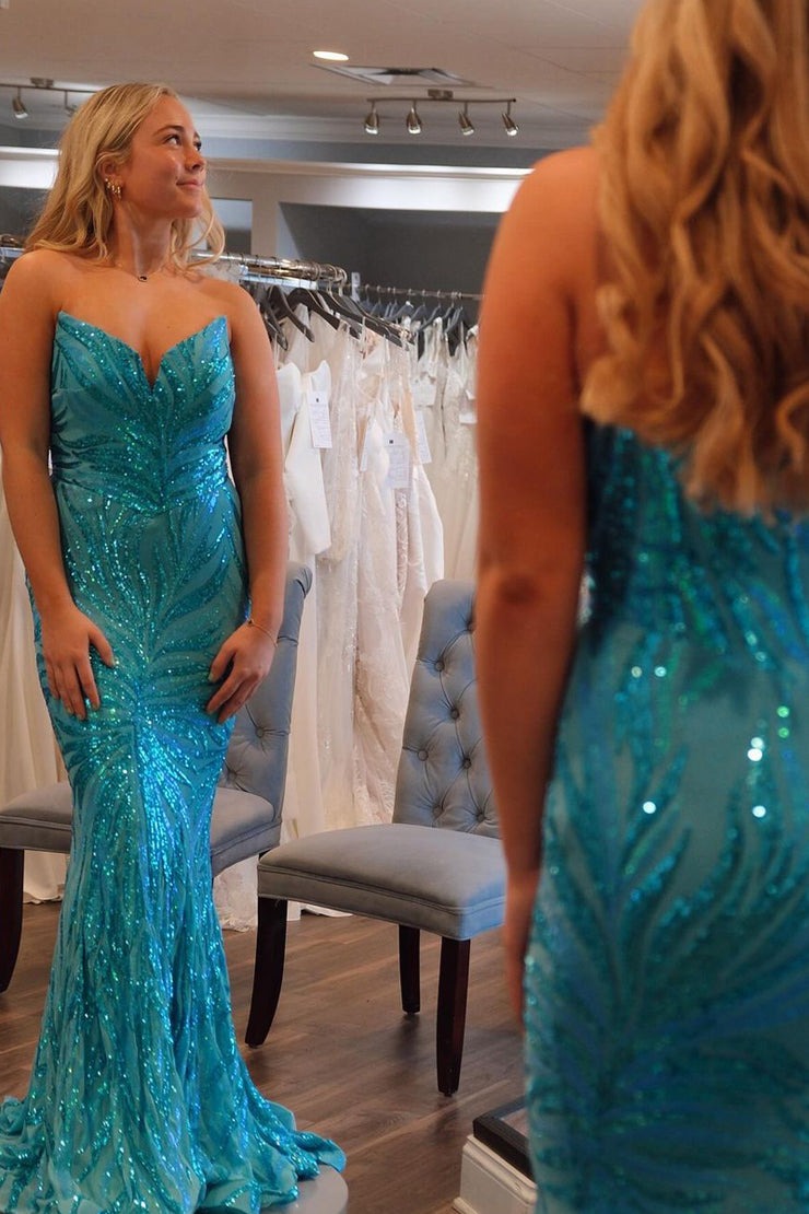 Blue Sequins Appliques Mermaid Strapless Long Prom Dress