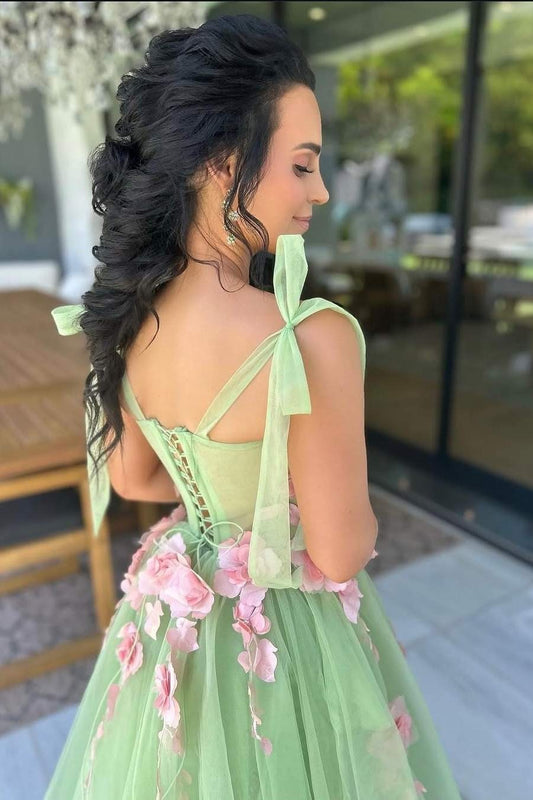 Sage Green A Line Sweetheart Tulle Long Prom Dress with Appliques, PD25768