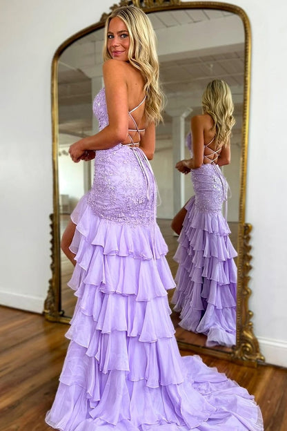 Lavender Chiffon Mermaid V Neck Tiered Cute Prom Dress with Appliques