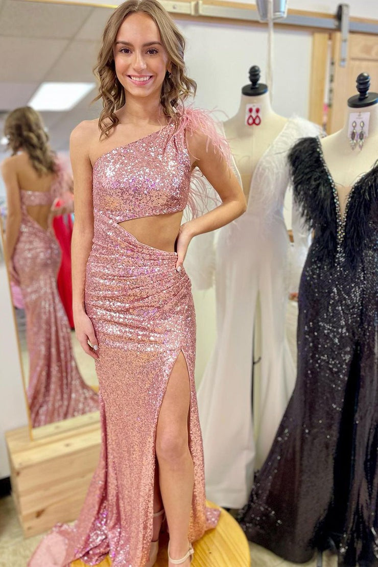 Mermaid One Shoulder Blush Sequins Cutout Prom Dresses, PD25469