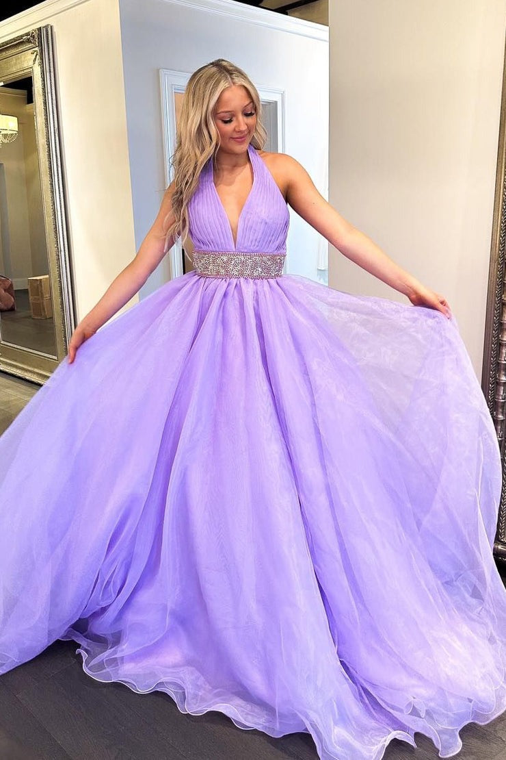 Lilac Organza A-Line Halter Long Prom Dresses with Beadings