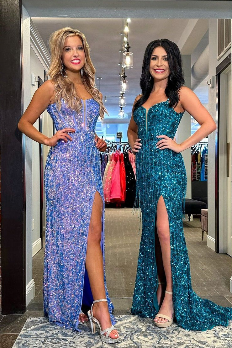 Sparkly Mermaid Scoop Neck Sequins Long Prom Dress with Fringe, PD25380