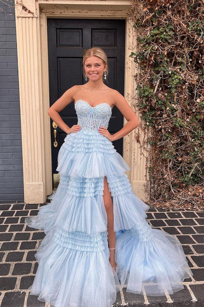 Strapless A Line Blue Ruffle Tiered Tulle Long Prom Dress with Appliques