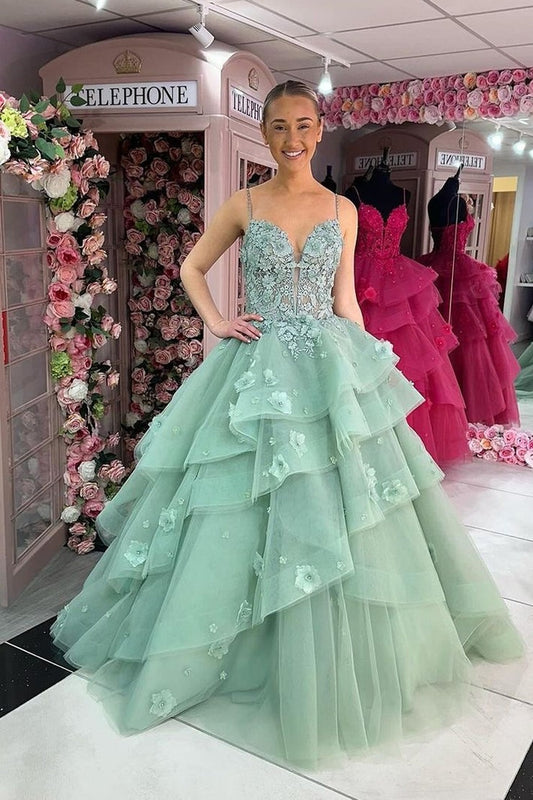 Green Sweetheart Tiered Ruffle Long Prom Dresses with Appliques