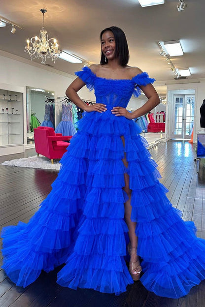 Royal Blue Tulle Off the Shoulder Ruffle Tiered Long Prom Dresses, PD25479