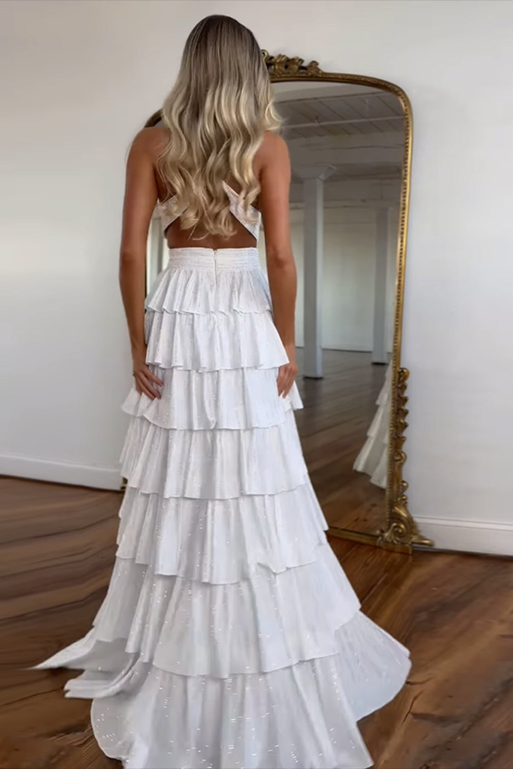 Yellow Halter A - Line Sparkly Ruffle Tiered Long Prom Dress with Slit, PD25805