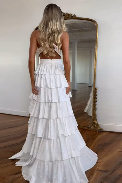 Yellow Halter A - Line Sparkly Ruffle Tiered Long Prom Dress with Slit, PD25805