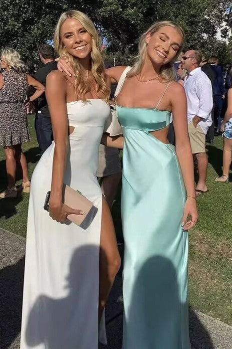 Aqua Blue Sheath Straps Silk Satin Prom Dress, PD25760