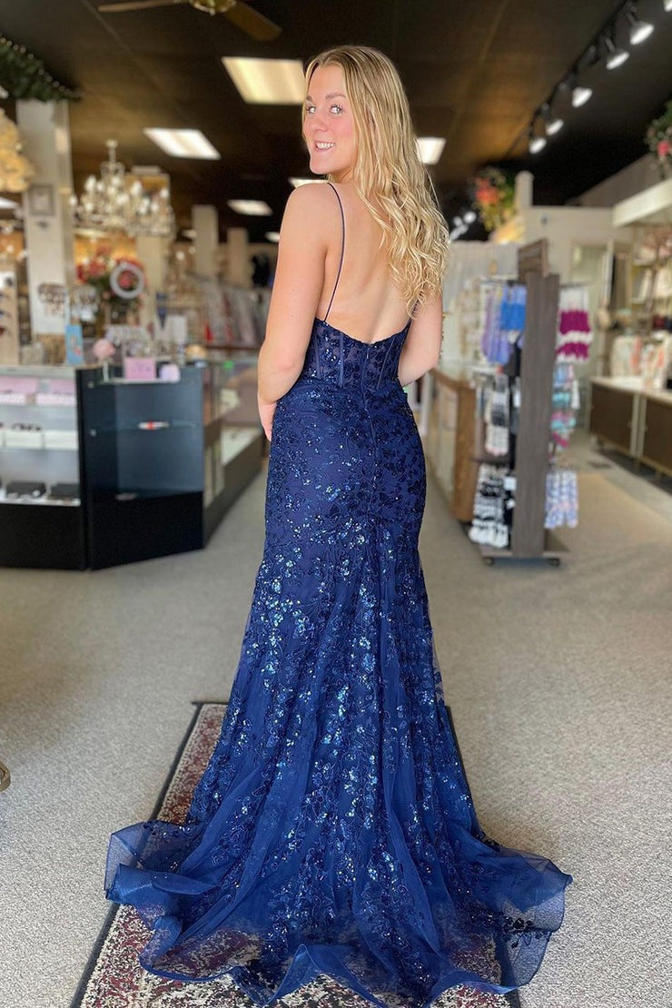 Navy Blue Sequins Appliques Mermaid Scoop Neck Long Prom Dress