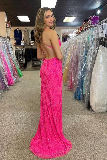 Fuchsia Sequins Mermaid V Neck Lace Long Prom Dress