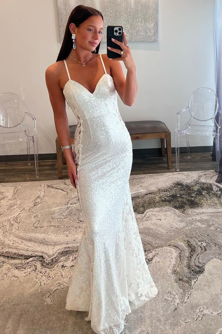 White Mermaid V Neck Sequins Long Prom Dresses with Appliques, PD25610
