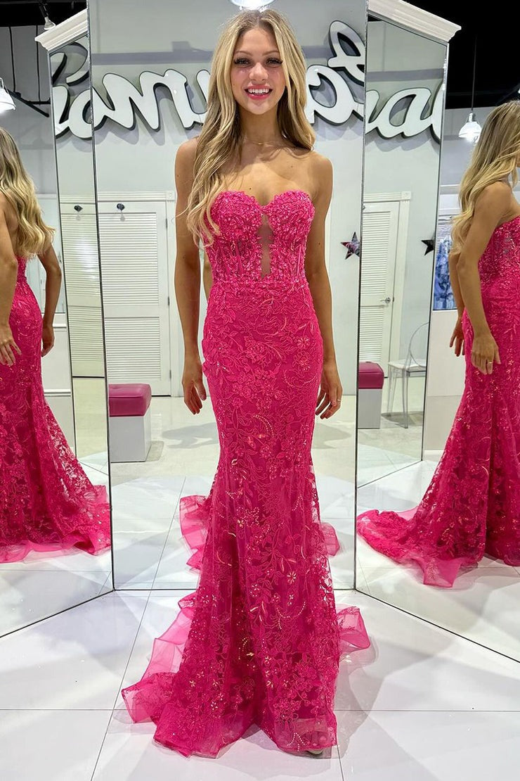 Mermaid Sweetheart Fuchsia Tulle Lace Long Prom Dress