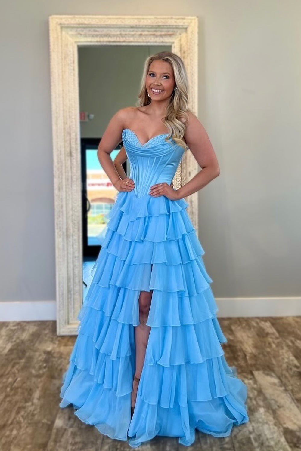 Light Blue A Line Sweetheart Tiered Chiffon Prom Dress with Slit, PD25780