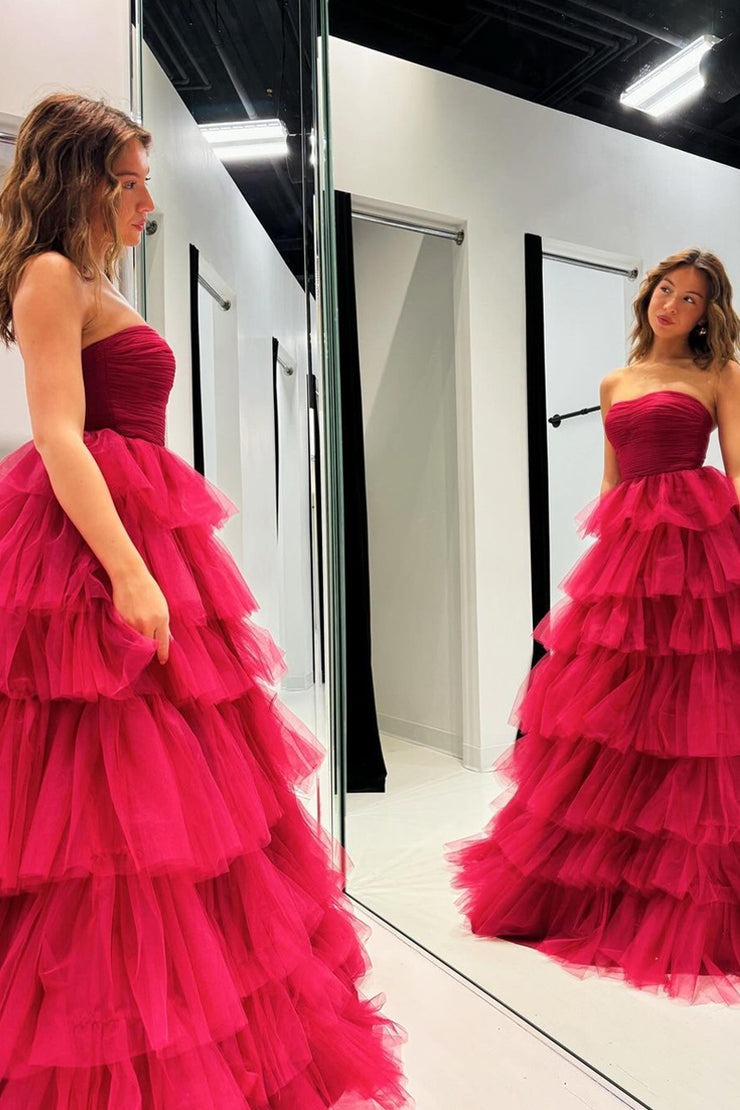 A-Line Strapless Dark Red Tulle Long Prom Dresses, PD25620