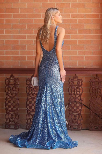 Blue Sequin Mermaid V Neck Long Prom Dress