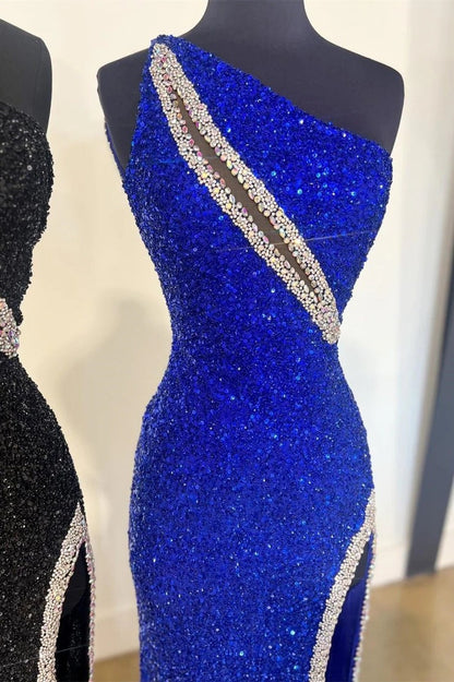 Black One Shoulder Mermaid Sequin Rhinestone Long Prom Dress, PD25730