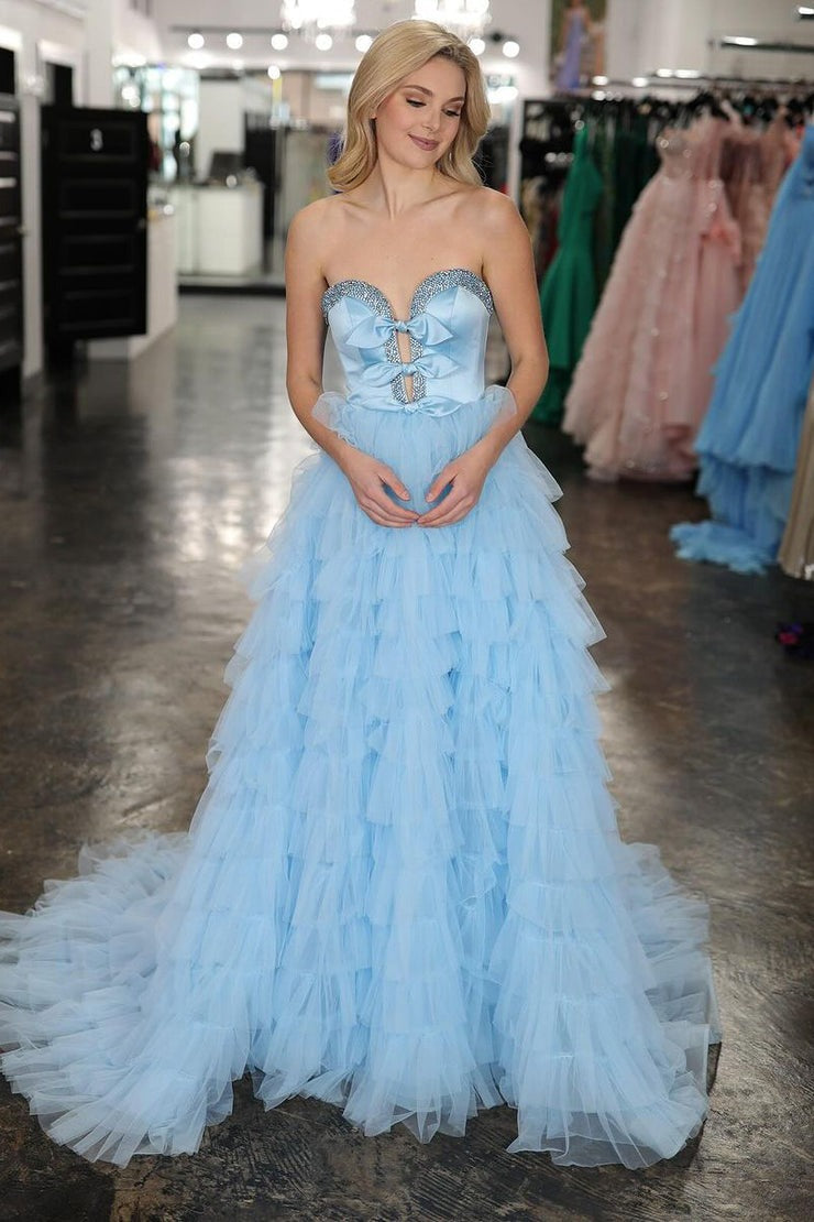 Tulle A-Line Strapless Ruffle Tiered Long Prom Dress, PD25420