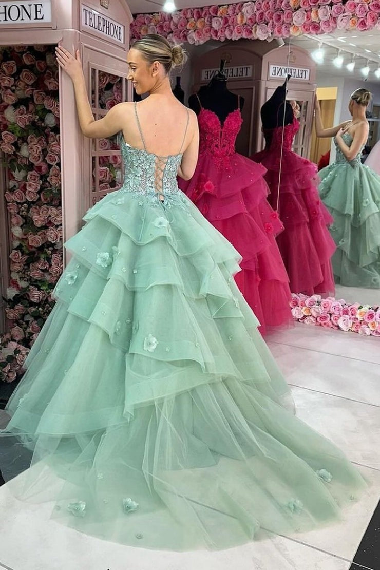 Green Sweetheart Tiered Ruffle Long Prom Dresses with Appliques