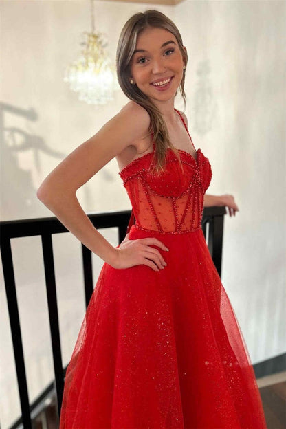 Red Glitter Straps Beaded A - Line Formal Dress with Slit, PD25677