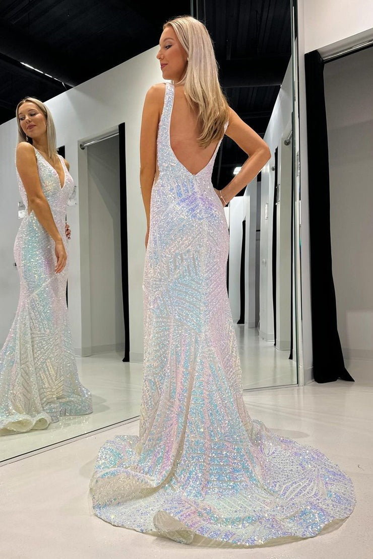 White Sequins Mermaid V Neck Long Prom Dress