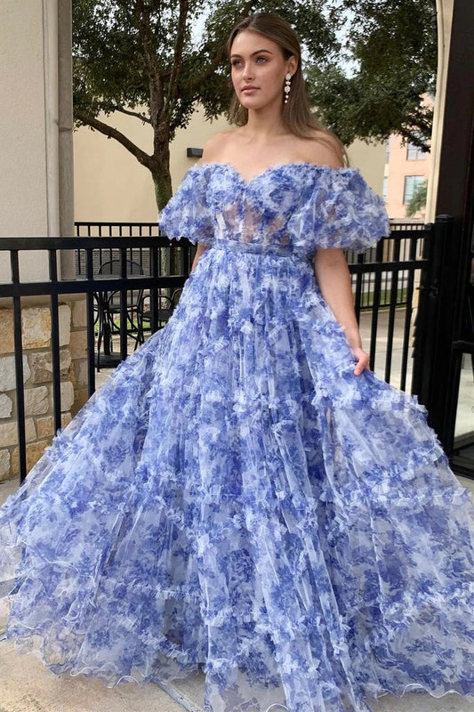 Navy Blue Print A-Line Puff Sleeve Ruffle Long Prom Dress, PD25659