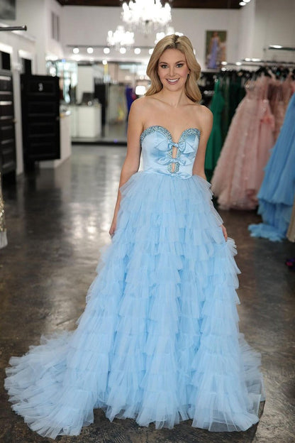 Tulle A-Line Strapless Ruffle Tiered Long Prom Dress