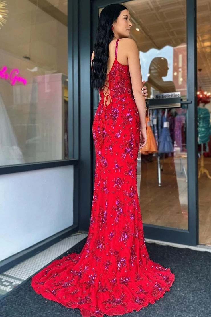 Red Mermaid Spaghetti Straps Stylish Corset Prom Dress with Split Front, PD25629