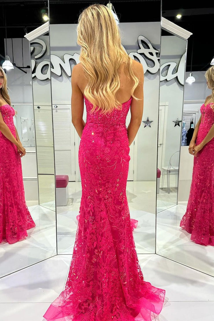 Mermaid Sweetheart Fuchsia Tulle Lace Long Prom Dress