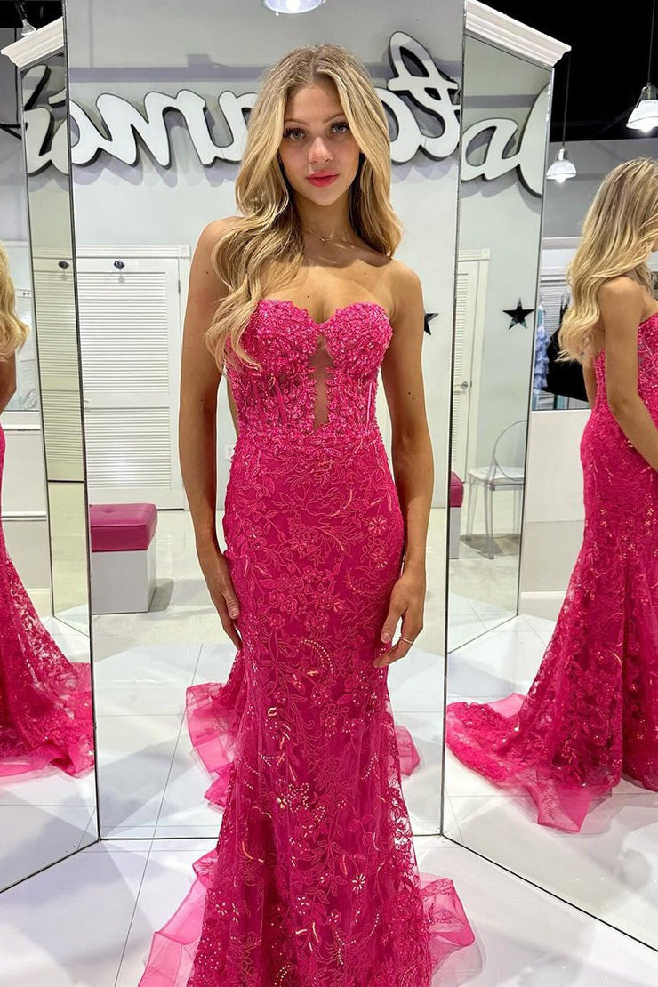 Mermaid Sweetheart Fuchsia Tulle Lace Long Prom Dress