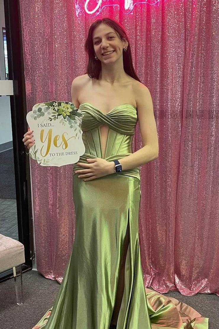 Sage Green Strapless Satin Mermaid Long Prom Dresses, PD25520
