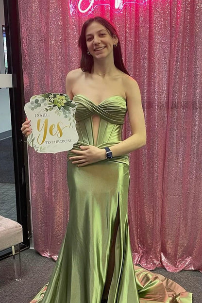 Sage Green Strapless Satin Mermaid Long Prom Dresses, PD25520