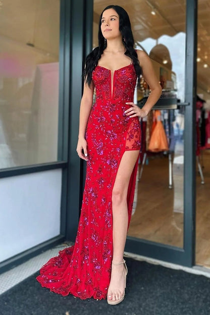Red Mermaid Spaghetti Straps Stylish Corset Prom Dress with Split Front, PD25629
