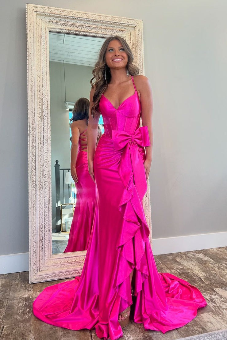 Pink Mermaid V Neck Satin Cute Prom Dress with Slit and Bow