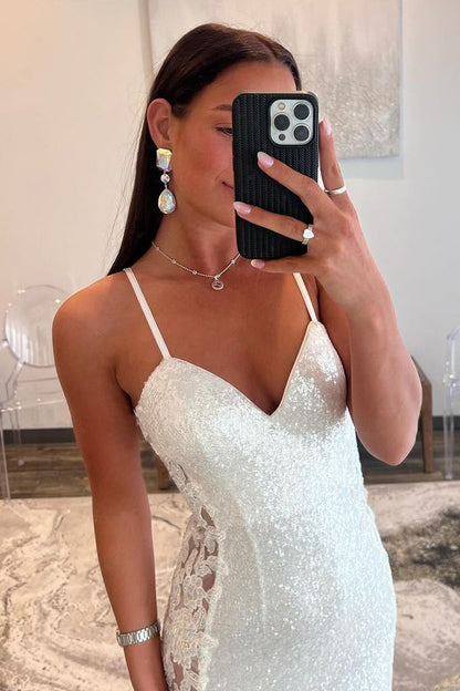 White Mermaid V Neck Sequins Long Prom Dresses with Appliques, PD25610