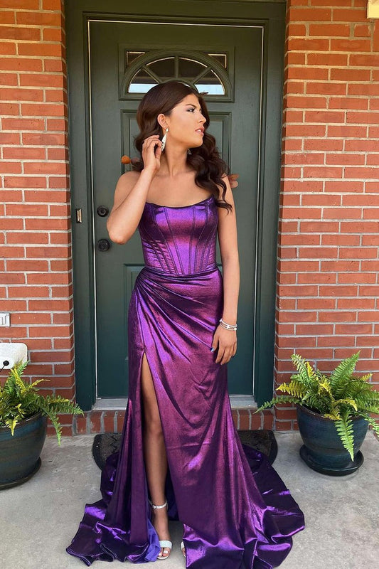 Mermaid Scoop Neck Satin Purple Prom Dresses with Slit