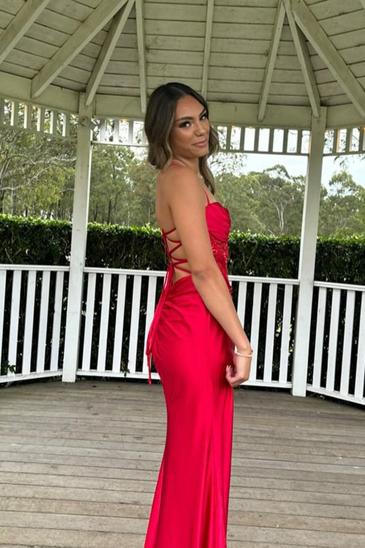 Red Mermaid Cowl Neck Prom Dresses with Slit