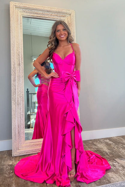 Pink Mermaid V Neck Satin Cute Prom Dress with Slit and Bow