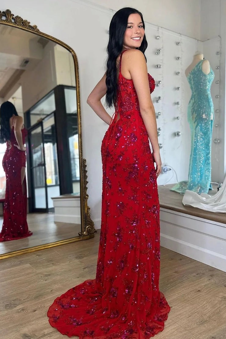 Red Mermaid Spaghetti Straps Stylish Corset Prom Dress with Split Front, PD25629