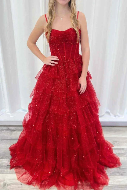 Red A Line Sweetheart Glitter Tulle Long Prom Dress, PD25770
