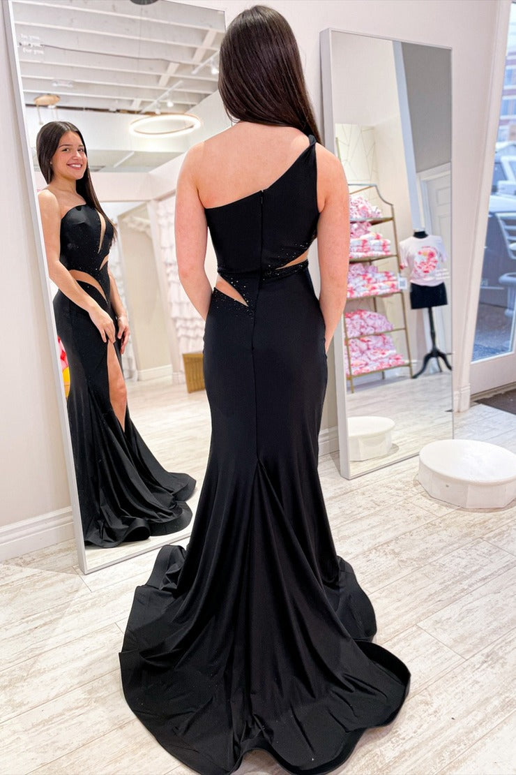 Black One Shoulder Cut - Out Satin Mermaid Long Prom Dress with Slit, PD25669