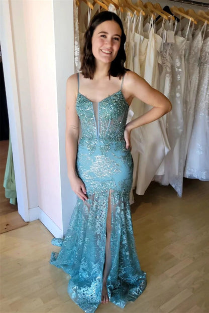 Aqua Spaghetti Straps Mermaid Sequined Long Prom Dress with Slit, PD25709