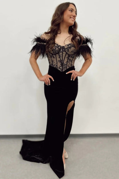Black Off - the - Shoulder Velvet Lace Long Formal Dress with Slit, PD25660