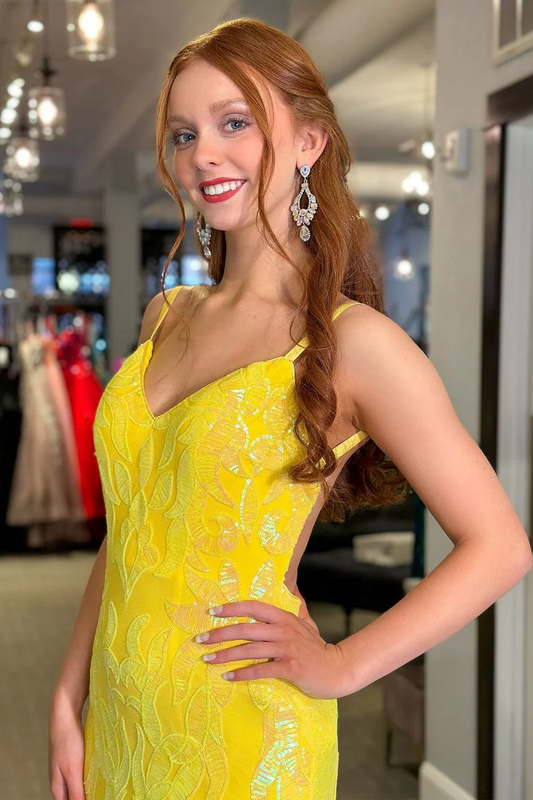 Yellow Sequin Lace Mermaid V-Neck Backless Long Prom Dress, PD2404185