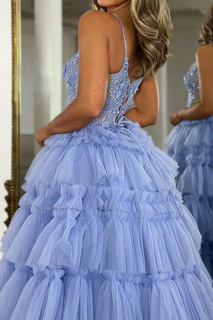 Lilac Sparkly Corset Beaded Tiered Long Prom Dress with Slit, PD25631