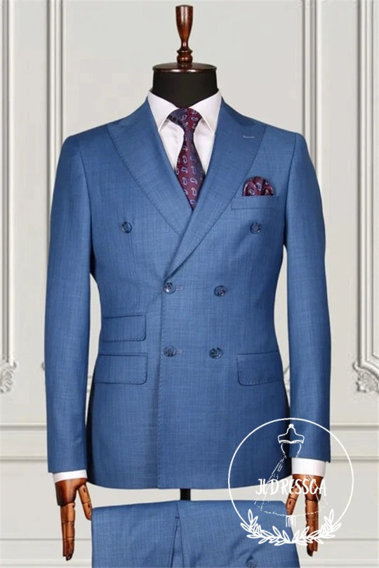 Blue Double Breasted Close Fitting Formal Suits For Men, SU25113