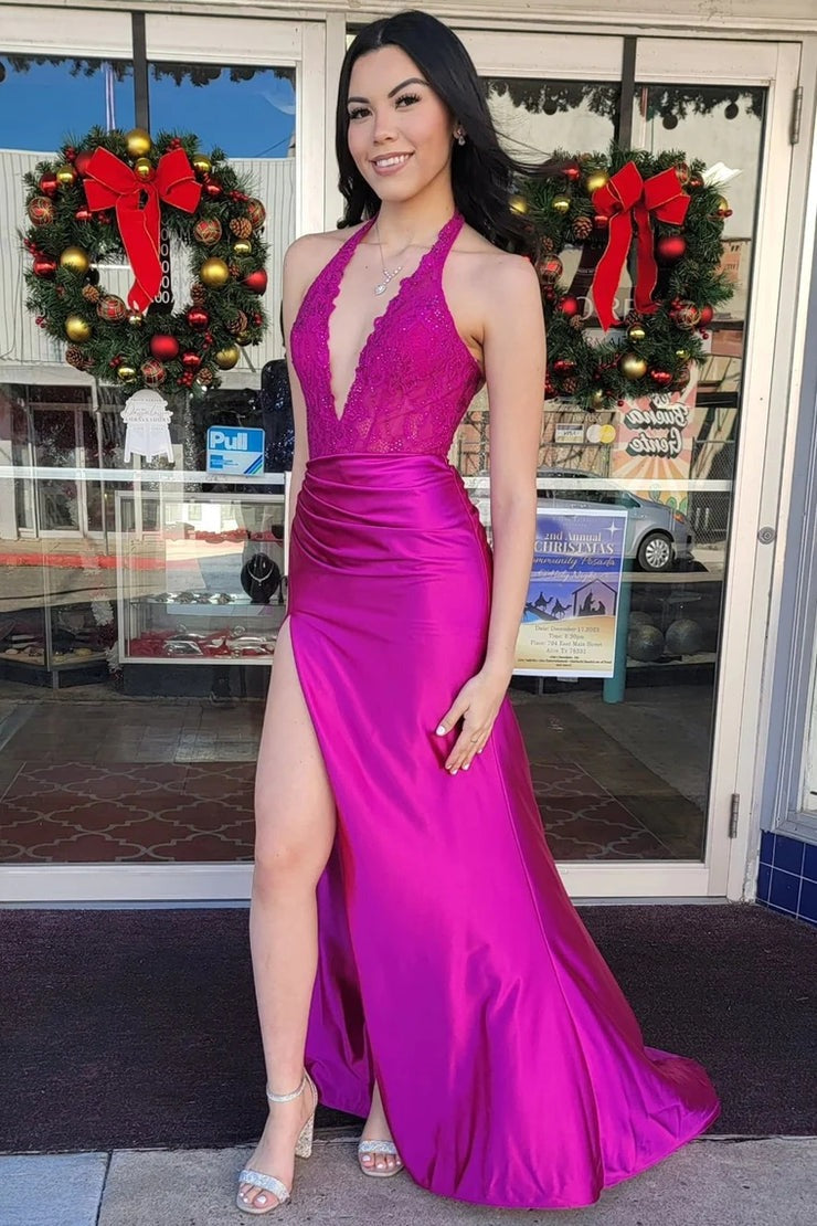 Black Mermaid Halter Pleated Long Formal Dress with Slit, PD25621
