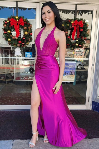 Black Mermaid Halter Pleated Long Formal Dress with Slit, PD25621