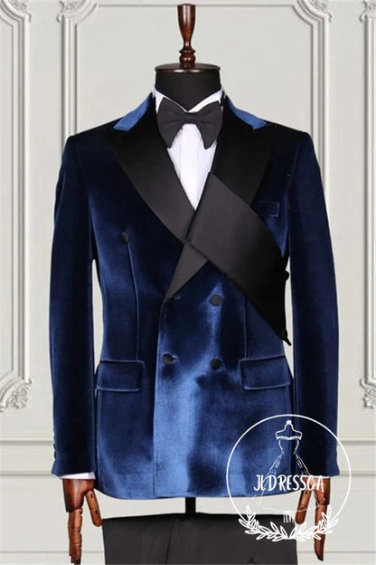 Velvet Blue Double Breasted Peaked Lapel Men Suits, SU25073